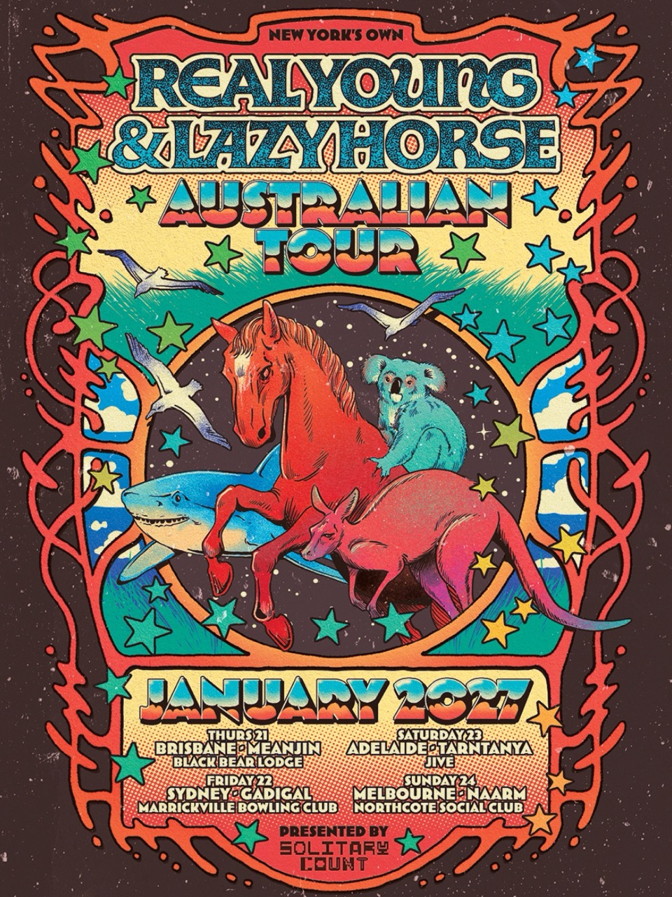 Real Young & Lazy Horse Australian Tour January 2027 poster with dates for Brisbane, Sydney, Adelaide, and Melbourne.